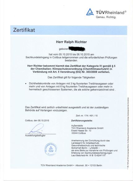 TÜV Zertifikat Kältetechnik Sachkundiger